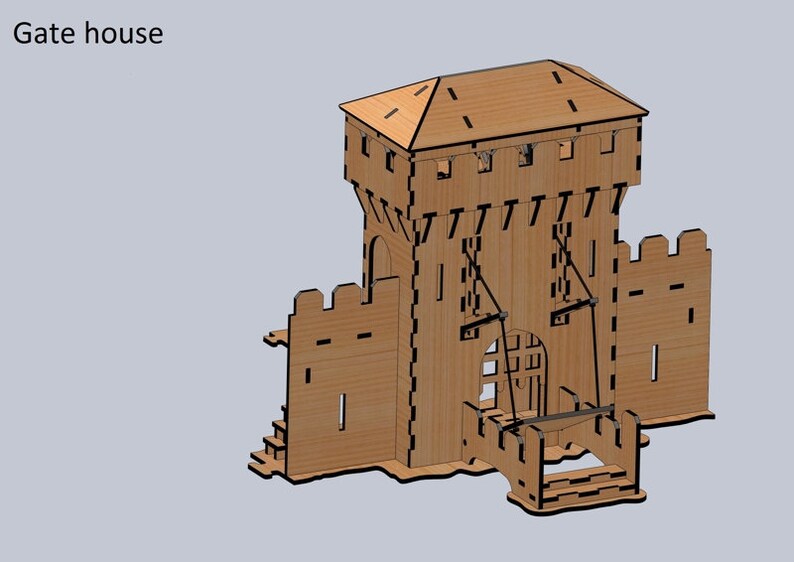 Puede incluir: Un modelo de madera de una casa de puerta con un puente levadizo. La casa de puerta tiene una torre con un techo y ventanas. El puente levadizo est&aacute; levantado y tiene un sistema de cuerda y polea.