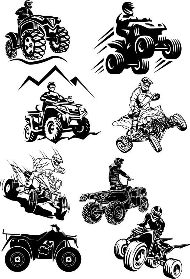 K&ouml;nnte beinhalten: Schwarz-wei&szlig;-Illustrationen von verschiedenen Quadfahrern. Die Fahrer sind in verschiedenen Posen, einige springen, einige fahren und einige stehen. Die Quads sind alle verschiedene Modelle und haben unterschiedliche Merkmale.