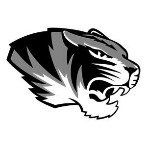 May include: A black, white, and gray illustration of a tiger's head in profile. The tiger's face is detailed with stripes and sharp features, conveying a sense of strength and focus. The design is bold and graphic.