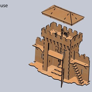 Puede incluir: Un modelo de madera de una casa de puerta con un techo extra&iacute;ble. La casa de puerta tiene una torre con un balc&oacute;n, una puerta y una escalera. El modelo est&aacute; hecho de madera cortada con l&aacute;ser y est&aacute; listo para ser ensamblado.