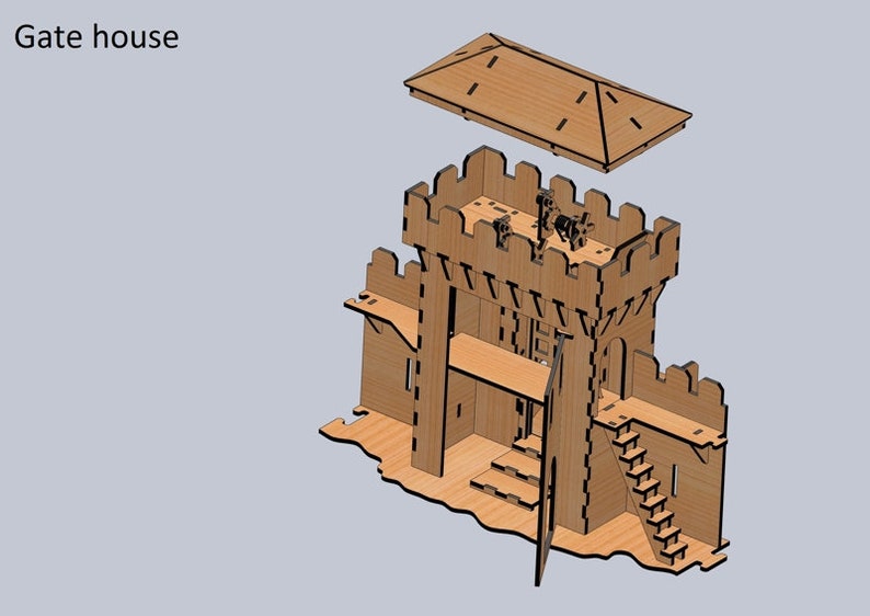Puede incluir: Un modelo de madera de una casa de puerta con un techo extra&iacute;ble. La casa de puerta tiene una torre con un balc&oacute;n, una puerta y una escalera. El modelo est&aacute; hecho de madera cortada con l&aacute;ser y est&aacute; listo para ser ensamblado.