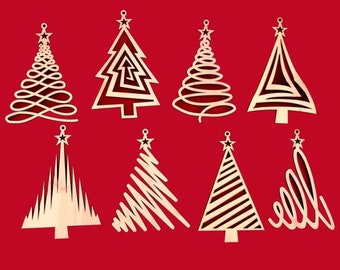 May include: Eight wooden Christmas tree ornaments in various styles. The ornaments are cut out of wood and feature different patterns, including swirls, stripes, and zigzags. The ornaments are all a natural wood color.