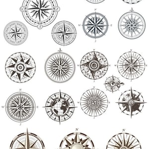 May include: A set of 18 vintage compass illustrations with various designs. The compasses are black and white and feature a variety of decorative elements, including stars, flowers, and geometric patterns.