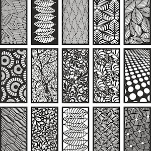 Könnte beinhalten: Ein Satz von 12 schwarzen und weißen Laser-Schnittdesigns für dekorative Bildschirme oder Schablonen. Die Designs umfassen geometrische Muster, florale Motive und Blattmotive.