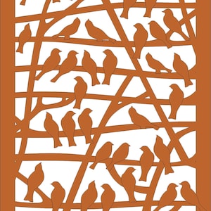May include: A digital design featuring a pattern of brown birds on branches. The birds are arranged in a symmetrical pattern, with some facing left and some facing right. The branches are thin and delicate, and they create a sense of movement and energy.