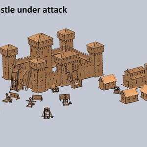 Puede incluir: Un modelo de cart&oacute;n de un castillo medieval bajo ataque. El castillo tiene m&uacute;ltiples torres y un puente levadizo. Hay varias armas de asedio que rodean el castillo, incluyendo catapultas y ariete. El modelo est&aacute; hecho de cart&oacute;n marr&oacute;n y est&aacute; detallado con ventanas, puertas y otras caracter&iacute;sticas arquitect&oacute;nicas.