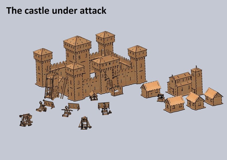 Puede incluir: Un modelo de cart&oacute;n de un castillo medieval bajo ataque. El castillo tiene m&uacute;ltiples torres y un puente levadizo. Hay varias armas de asedio que rodean el castillo, incluyendo catapultas y ariete. El modelo est&aacute; hecho de cart&oacute;n marr&oacute;n y est&aacute; detallado con ventanas, puertas y otras caracter&iacute;sticas arquitect&oacute;nicas.