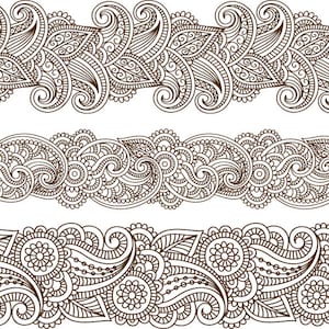 May include: Three seamless patterns of intricate brown paisley designs on a white background. The patterns feature swirling floral motifs and repeating patterns.
