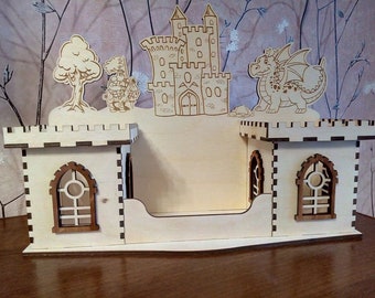Laser Cut Pen Holder Design Wooden Desk Organizer Plan For Kids Castle Dragon Tree Horse Model 4 mm CDR SVG DXF Pdf Ai Eps Files