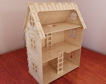 Può includere: Una casa delle bambole in legno a due piani, con tetto a capanna e diverse finestre. La casa delle bambole è costruita in legno chiaro e include dettagli interni come scale e divisori per ambienti. Il design è semplice e classico, adatto ai bambini.