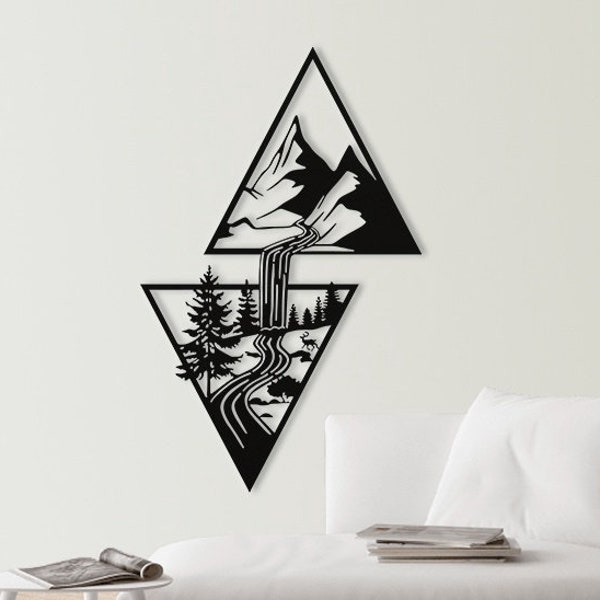 Lasercut Geometric Mountain Triangle River and Trees Wall Decoration Wooden Metal Vector Art Cnc Cut DXF SVG CDR Files