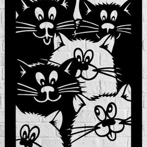 May include: Black and white silhouette illustration of five cats with different facial expressions. The cats are arranged in a layered, overlapping pattern, creating a playful and whimsical design.