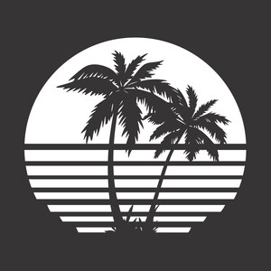 May include: Black and white silhouette of two palm trees in front of a white sunset with horizontal stripes.