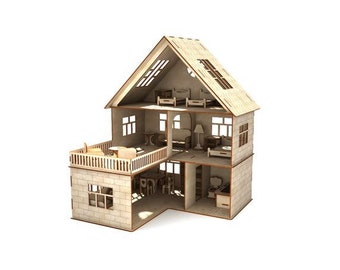Può includere: Una casa delle bambole in legno con più stanze e mobili. La casa delle bambole è aperta per rivelare l'interno, che comprende una camera da letto, un soggiorno e una cucina. La casa delle bambole è realizzata in legno grezzo ed è pronta per essere dipinta o verniciata.