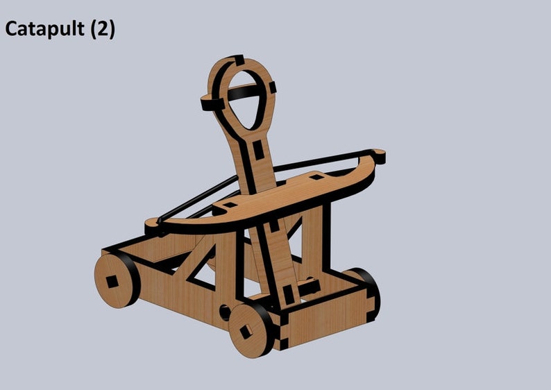 Puede incluir: Un juguete de catapulta de madera con un acabado marr&oacute;n y detalles negros. La catapulta tiene un brazo de palanca, una honda y dos ruedas. El juguete est&aacute; dise&ntilde;ado para lanzar objetos peque&ntilde;os.