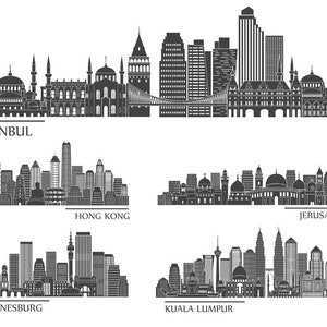 May include: Black and white silhouette skylines of Istanbul, Hong Kong, Jerusalem, Johannesburg, and Kuala Lumpur.