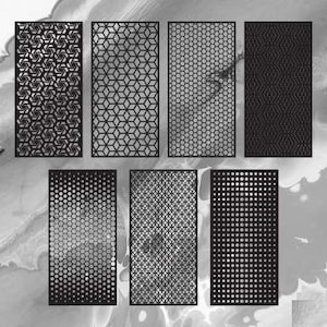 Könnte beinhalten: Acht verschiedene geometrische Muster in Schwarzweiß. Die Muster sind alle rechteckig und haben eine Vielzahl von Formen, darunter Kreise, Quadrate und Sechsecke.