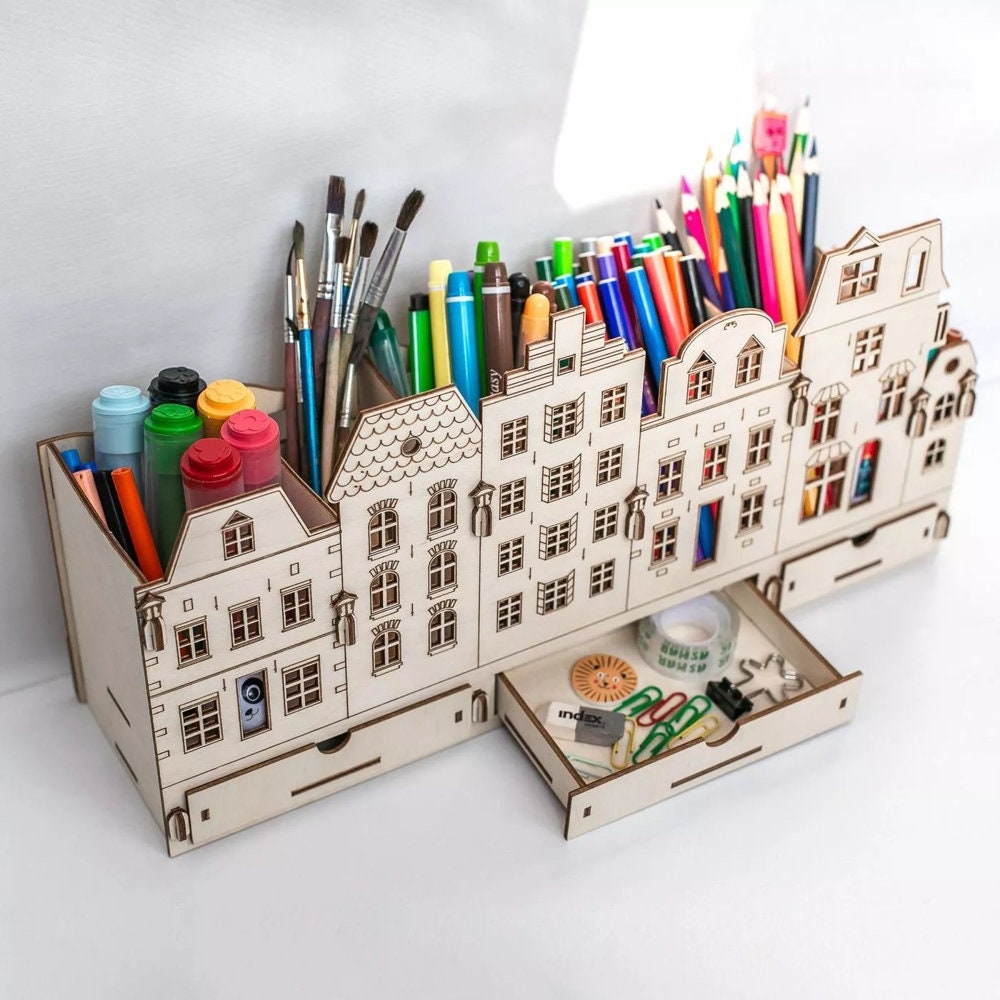 Laser Cut City Desk Organizer Model Storage Rack Pen Holder and