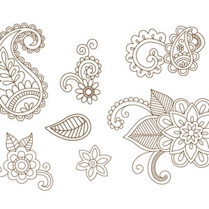 May include: A set of seven black and white paisley and floral design elements. The designs include a large paisley, a small paisley, a leaf, a flower, and three floral designs.