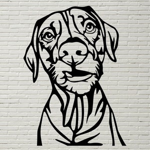 May include: Black and white line art illustration of a dog's head. The dog has large, expressive eyes and a playful expression.