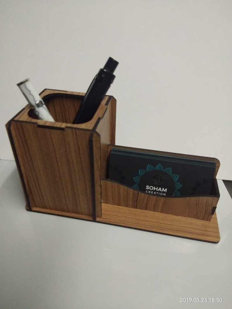 Laser Cut Desk Organizer Business Card Holder Stand With Pen Etsy