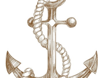 May include: A hand-drawn illustration of a nautical anchor with rope wrapped around it. The anchor is brown and the rope is white.
