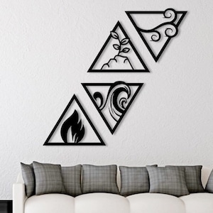 May include: Black and white wall decor featuring four triangles with different symbols inside. The symbols represent the four elements: fire, water, earth, and air.