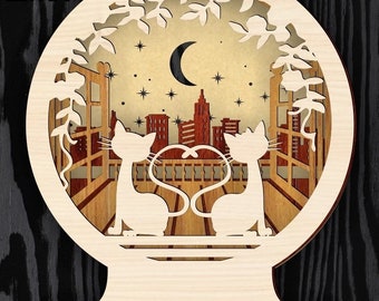 Lasercut Layered Cat and City 3D Wooden Decoration (4 Layers) 4 mm Plan SVG CDR Files