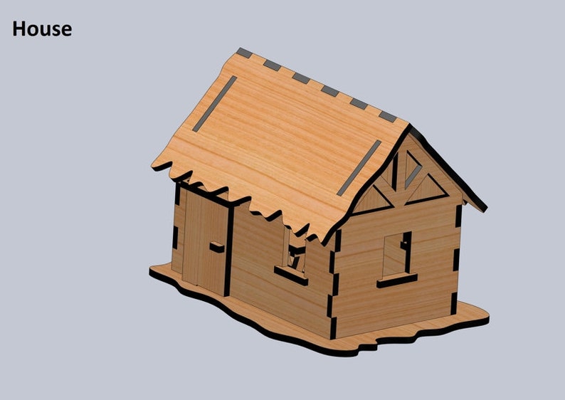 Puede incluir: Un modelo de madera de una casa con techo de paja, una puerta y una ventana. La casa est&aacute; hecha de madera marr&oacute;n claro y tiene molduras negras.