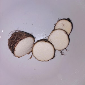 May include: Close-up of a brown yam cut into four slices, revealing the white flesh inside. The slices are arranged in a semi-circle on a white surface.