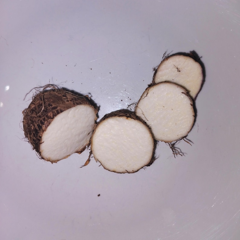 May include: Close-up of a brown yam cut into four slices, revealing the white flesh inside. The slices are arranged in a semi-circle on a white surface.