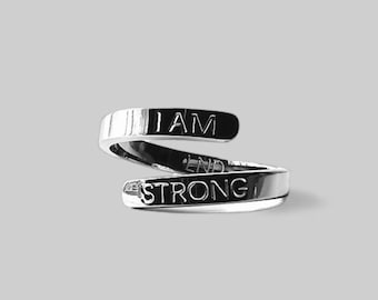 Stainless Steel 'I AM STRONG' Ring - Adjustable Affirmation Jewellery Thumb Ring