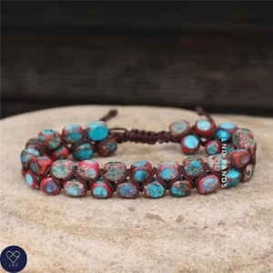 Burgundy/Blue Macrame Imperial Jasper Bracelet - Adjustable Boho Ethnic Bracelet