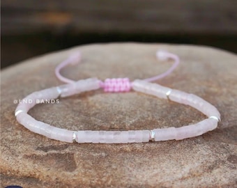 Rose Quartz Bracelet - 2x4mm Adjustable Boho Gemstone Jewellery, Healing Spiritual Minimalist Yoga Ethnic calming