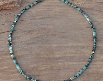 Collier minimaliste turquoise africain, collier de perles de 4 mm, collier tibétain, collier en pierre naturelle, yoga, cadeau pour lui et elle, été