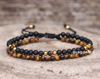 Tiger Eye Onyx double bracelet 4mm, Tibetan Adjustable Dainty, Yoga, Minimalist, Gift for him