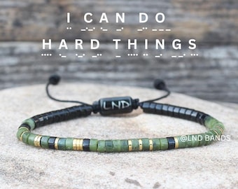 Morse Code Bracelet: "I Can Do Hard Things" Onyx, Hematite, Olive Jade, Gift with meaning