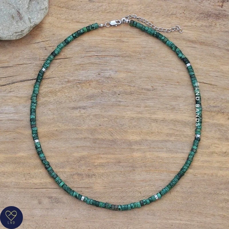 Dark Green Jasper Bead Necklace, 2x4mm Natural Stone Beads, Dainty Necklace, Tibetan Necklace, Friendship, Boho style, Yoga, Birthday Gift