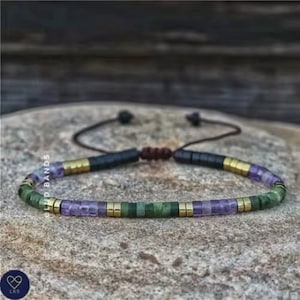 Dark Amethyst Olive Jade 2x4mm Hematite Beaded Bracelet - Dainty Adjustable, Boho Tibetan Yoga