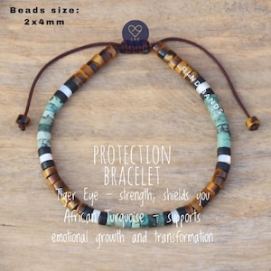Könnte beinhalten: Schutz-Armband aus Tigerauge und afrikanischem Türkis. Das Armband ist 2x4mm groß und hat eine braune Schnur.