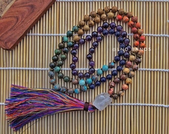 7 Chakra Necklace, Natural Stone 108 Mala Beads Meditation Necklace, Tassel Yoga, Multi Colours Necklace, Buddhist Necklace