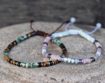 Couples 2x4mm Stone Bracelet Set -Tiger Eye, Jasper, Opal, Amethyst, Friendship, Distance, Anniversary, Love