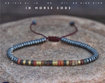 Morse code I CAN I WILL Grey Hematite Picasso Jasper Bracelet, Adjustable Affirmation Bracelet, motivational encouraging meaningful bracelet
