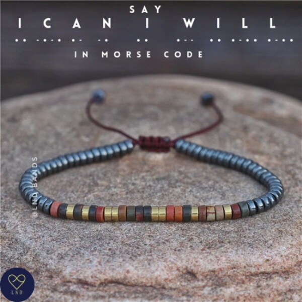 Morse code I CAN I WILL Grey Hematite Picasso Jasper Bracelet, Adjustable Affirmation Bracelet, motivational encouraging meaningful bracelet