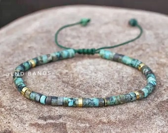 African Turquoise 2x4mm Beaded Minimalist Natural Stone Bracelet, Adjustable, Tibetan Bracelet, Bohemian, Yoga, Meditation