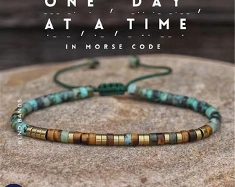 Morse code ONE DAY AT A Time  African Turquoise Tiger eye, Adjustable Affirmation Bracelet,  motivational encouraging meaningful bracelet