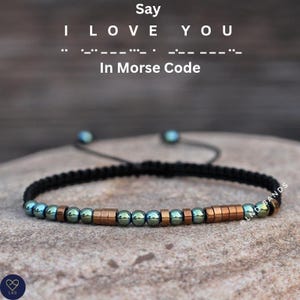 Morse Code Bracelet: "I LOVE YOU" Hidden Message, Hematite Round Beads, Valentine's Day Gift