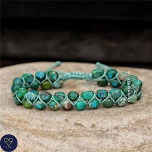 Grün mehrfarbiges Imperial Jaspis Makramee Armband, verstellbares Armband, Naturstein, tibetisches Armband, Yoga, Boho, Ethnic
