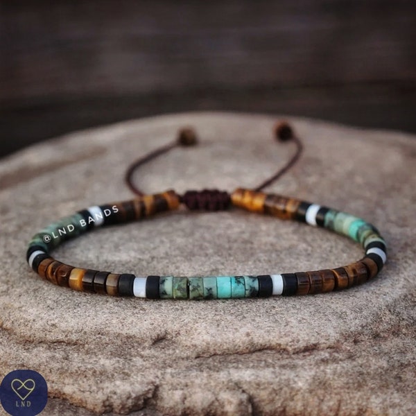 African Turquoise with Tiger Eye Minimalist 2x4mm Bracelet, Adjustable Beaded Bracelet, Tibetan Bracelet, Natural Stone Bracelet, Yoga, Boho