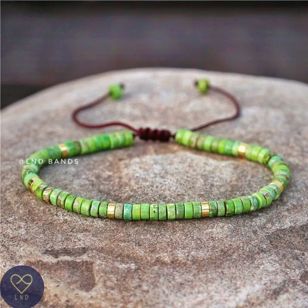 Green Grass Jasper Bead Bracelet,  Adjustable 2x4mm Natural Stone Beads, Dainty Bracelet, Tibetan bracelet, Friendship, Boho style, Yoga